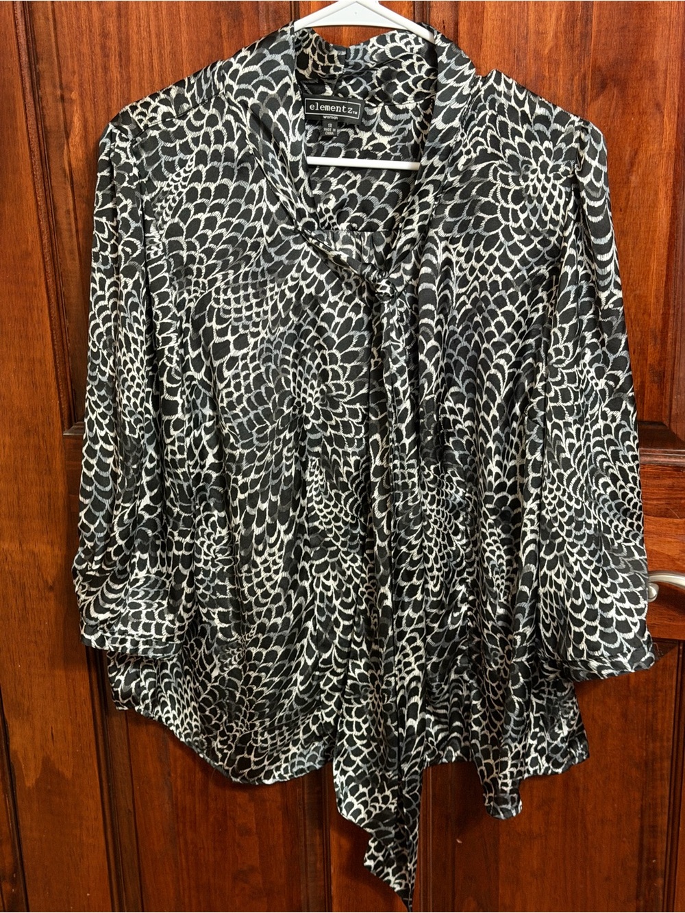 Elementz Black and White Floral-Scale Tie-Neck Blouse